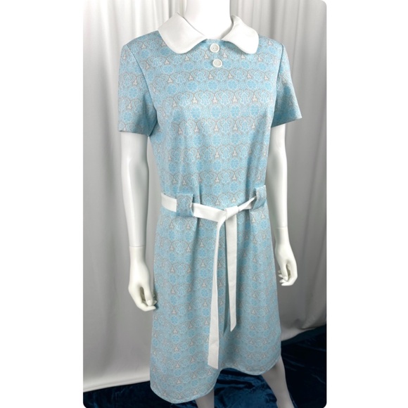 Vintage 1960’s 1970’s Sears Collared Shirt Dress in Soft Baby Blue + Grey - S/M - Picture 4 of 10